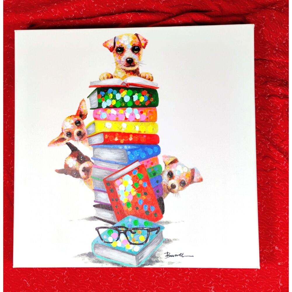 Dogs Books Canvas Wall Art Acrylic 3D Accents Gallery Wrap Whimsical 16 x 16